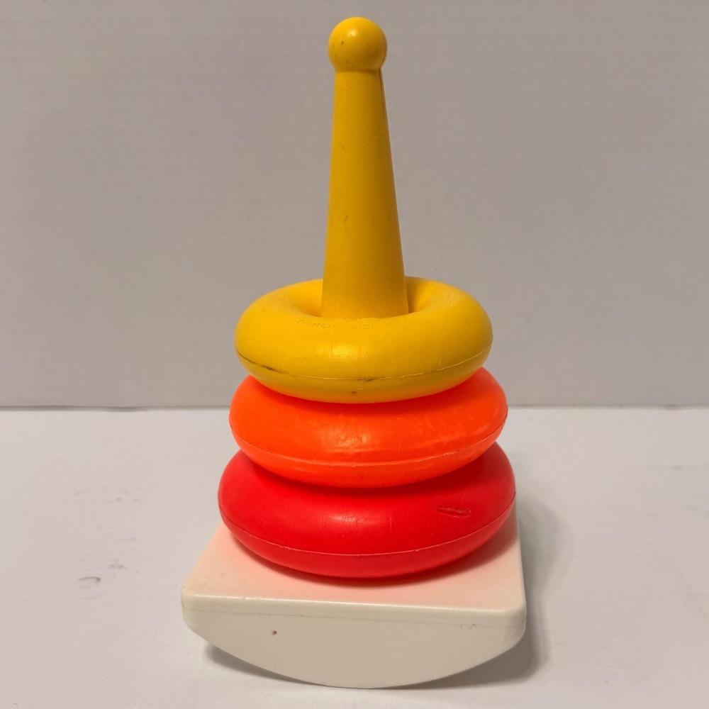Vintage Fisher Price Rock-a-Stack Stacking Toy 3 Rings Yellow Post Rocking Base* - Picture 2 of 7